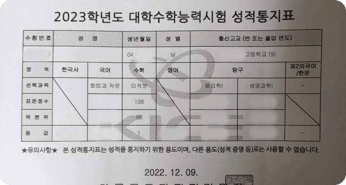 2023학년도 대학수학능력시험에서 수학 1등급을 받은 성적통지표