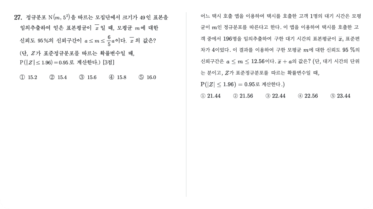 2023학년도 수능 미적분 28번 문항과 수학대왕 미적분 문항 이미지